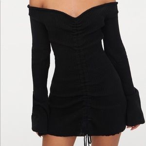 Black ruched knit mini dress